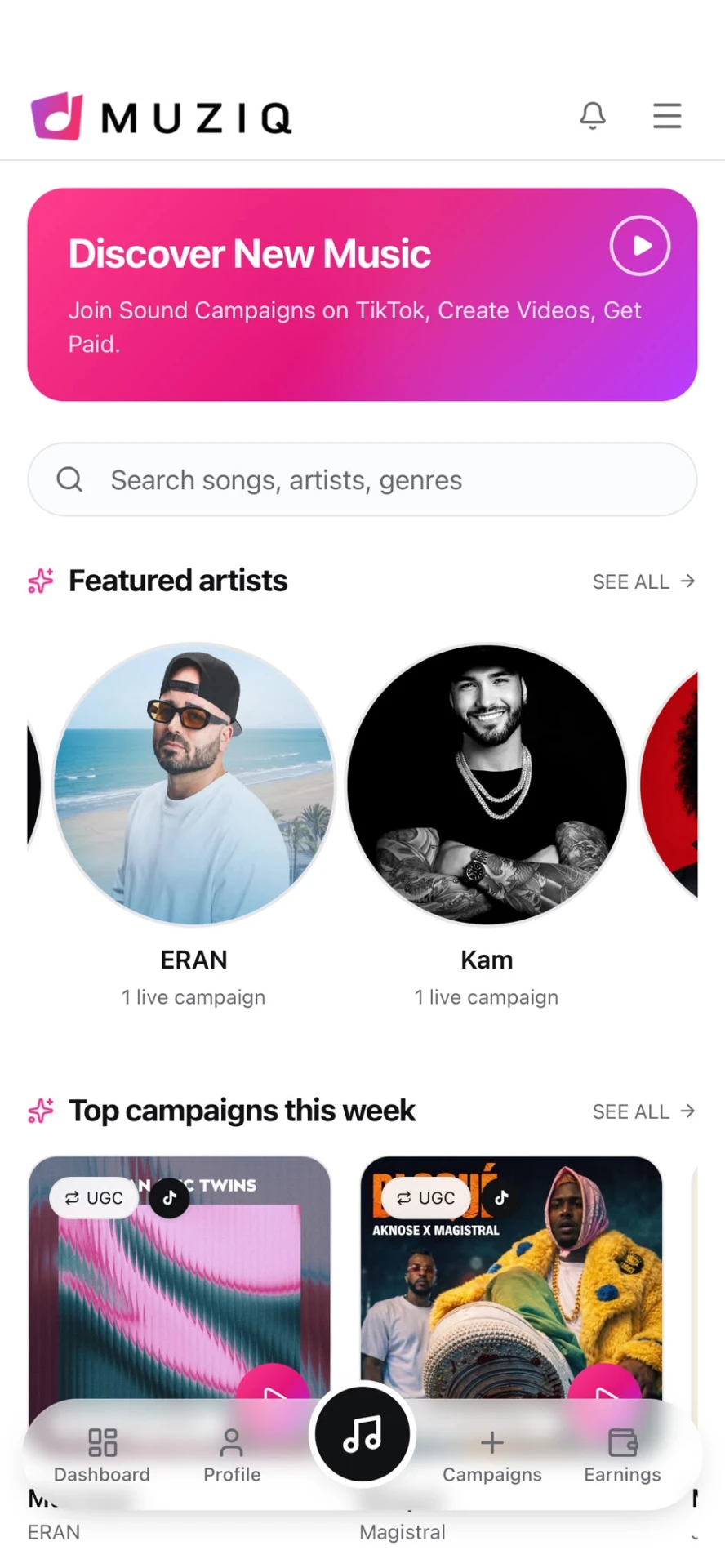 MuziQ app Explore screen