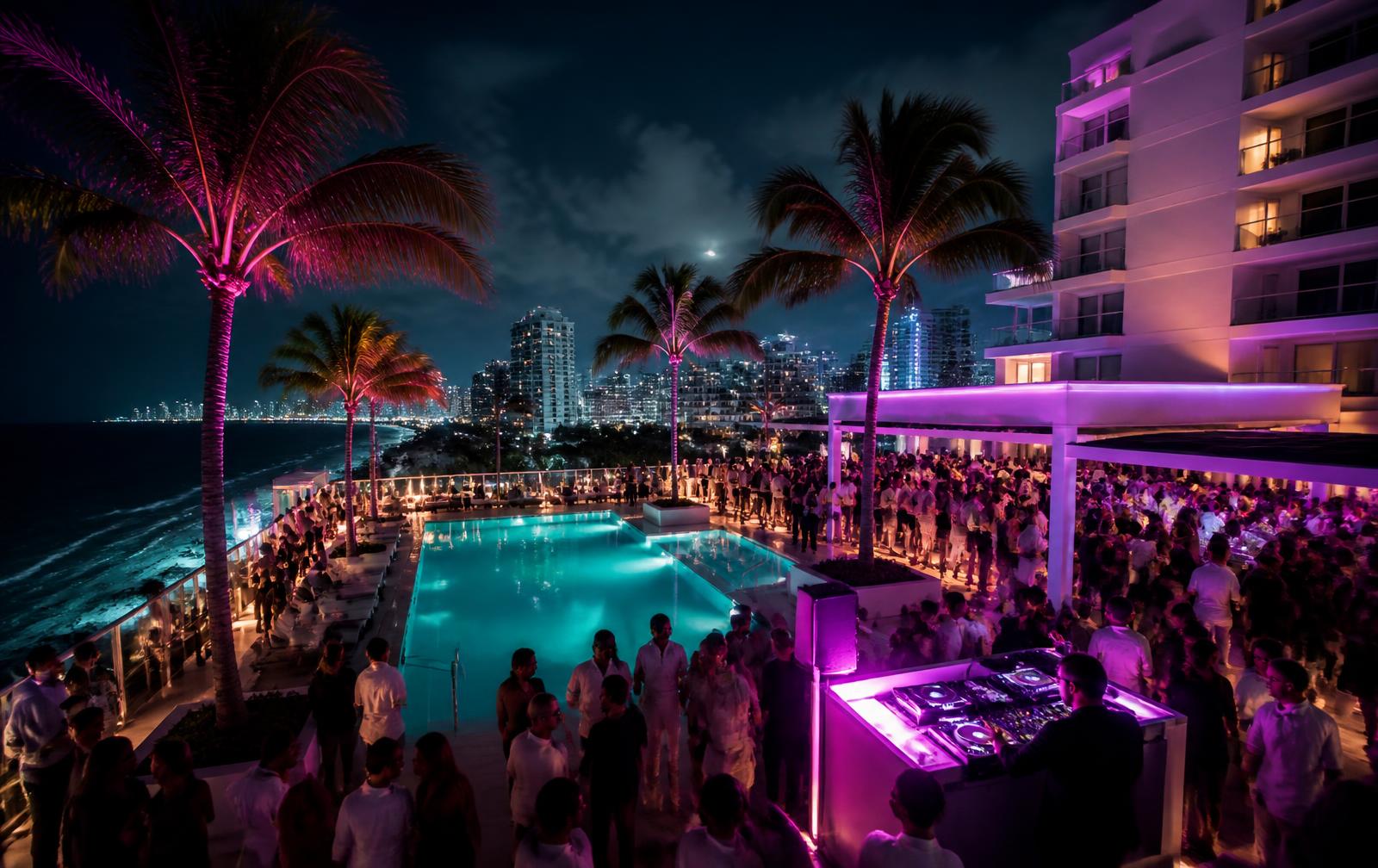 Rooftop pool party at a Miami Beach hotel during Art Basel week