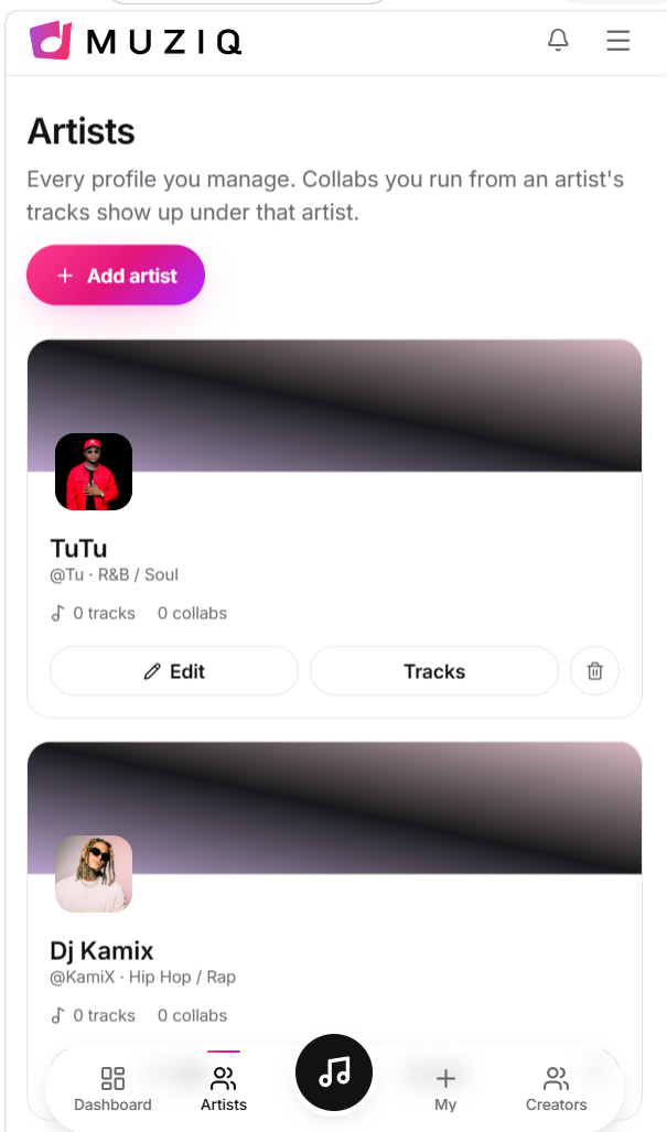 MuziQ agency desk — Roster overview screen