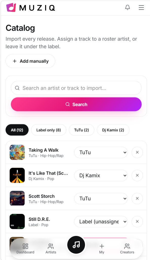 MuziQ label dashboard — Catalog control screen
