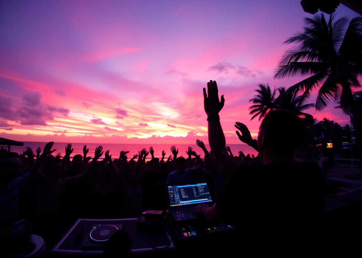 DJ playing a sunset set to a crowd