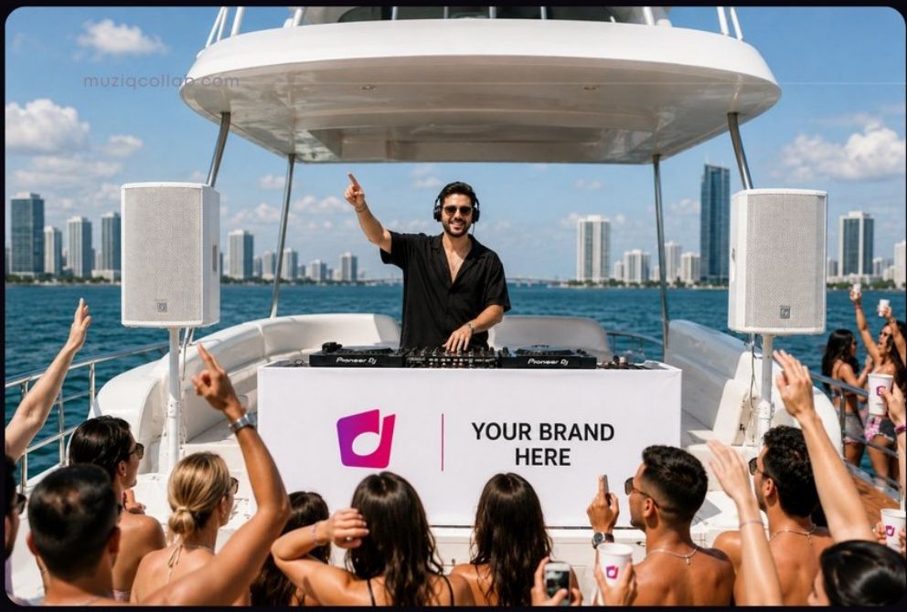 DJ booth on the yacht with sponsor branding