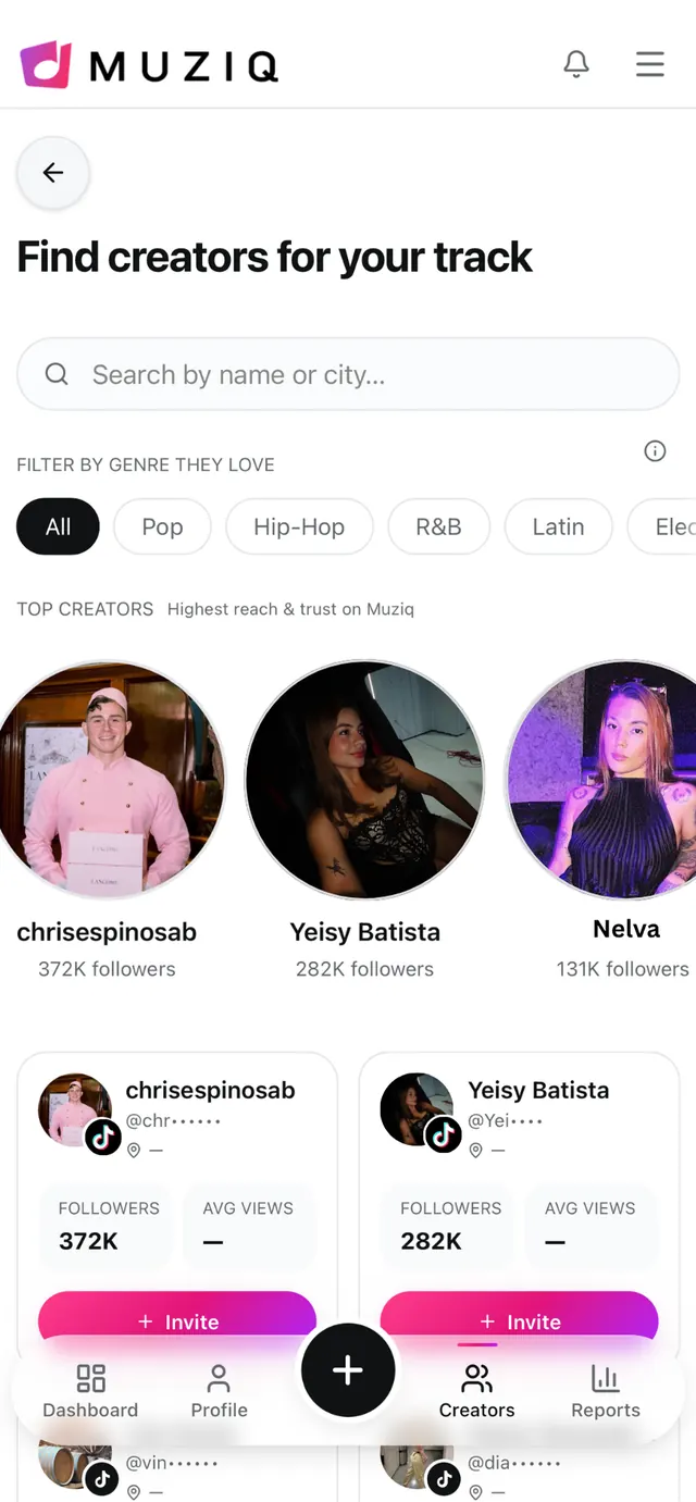 Pantalla de la app MuziQ Buscar creadores