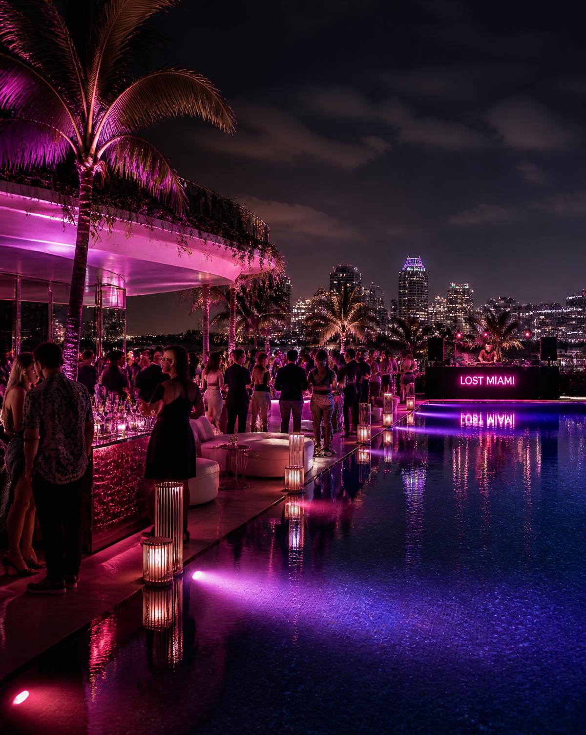 Oceanfront rooftop pool party at night in Miami Beach